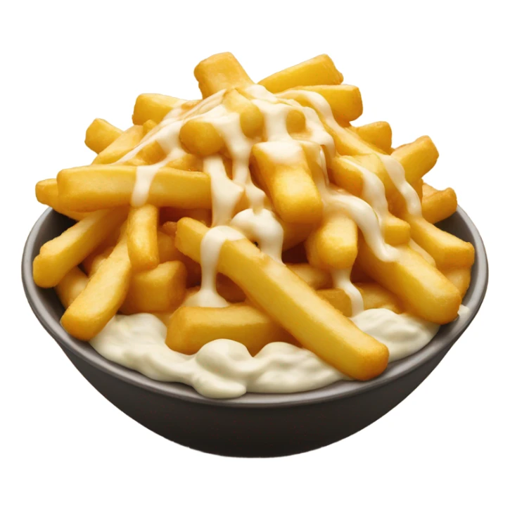 Bowl with fries and cheese curds on top covered in gravy sticker
