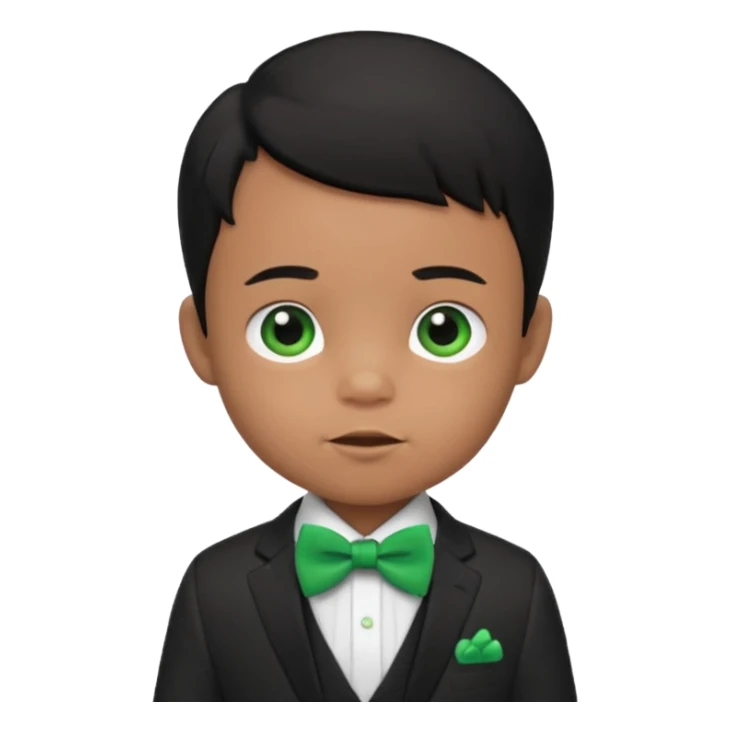 baby boy black hair in suit, with green bow sticker