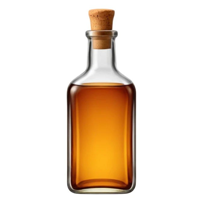 sturdy glass bottle with squared shoulders and a short neck, filled with rich amber-brown liquid, slightly tinted glass showing depth of color inside, capped with a cork or dark metal top, no label, sealed bottle, apple emoji style, soft lighting, subtle shadows, transparent background, emoji scale sticker