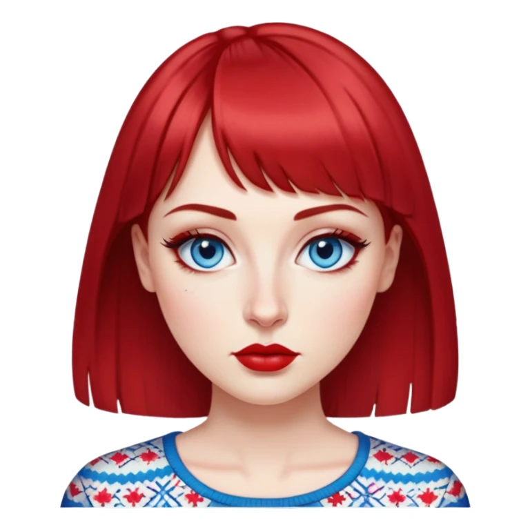 Creative woman with fair skin, oval face, striking blue eyes with eyeliner, thin eyebrows, small nose, medium lips with bright lipstick, dark red hair with straight bangs, wearing a red and white printed top, artistic expression sticker