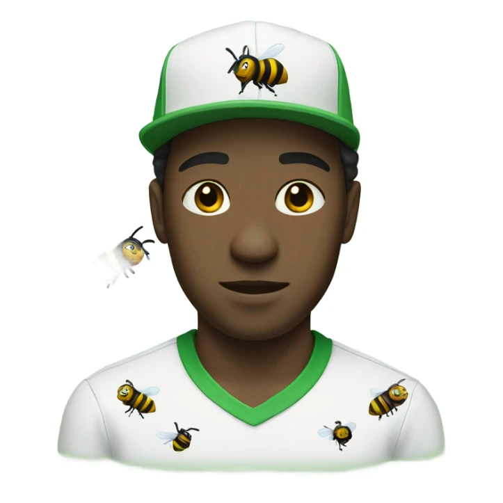 Black man with a white shirt and green cap with his face covered by a bee flying through sticker