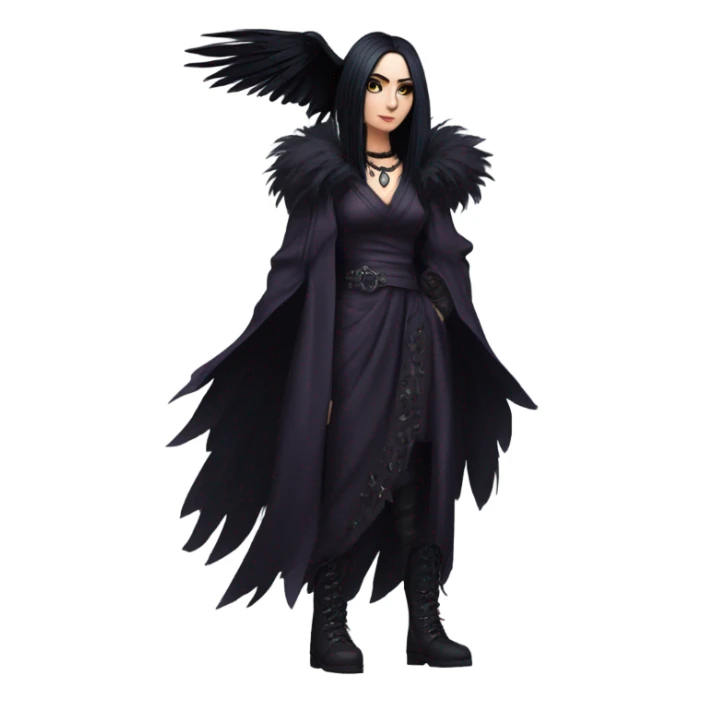 the morrigan goth woman version vines style furr robe stylish boots, perfect eyes, raven on hand sticker