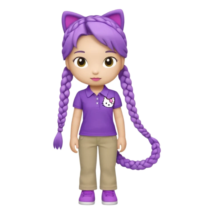 hello kitty wearing purple polo shirt and kyaki pants with long fishtail braids baddie with 2025 efect sticker