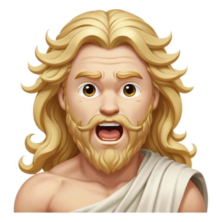 Cinematic Realistic Thor Portrait, head tilted slightly with a dramatic, wide-open yawn, revealing a moment of unguarded human vulnerability amidst his divine stature. His fair, luminous skin and elegantly styled, wavy golden hair maintain their sculptural perfection even in repose. Dressed in a flowing white toga with understated golden accents, the portrait is bathed in soft natural light, capturing a rare glimpse of relaxed, timeless strength from a Greek god reborn. sticker
