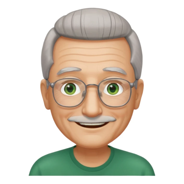 Old man with receding hair, grey hair only on the sides, green eyes, rectangular reading glasses, rounded clear face, with a smile sticker