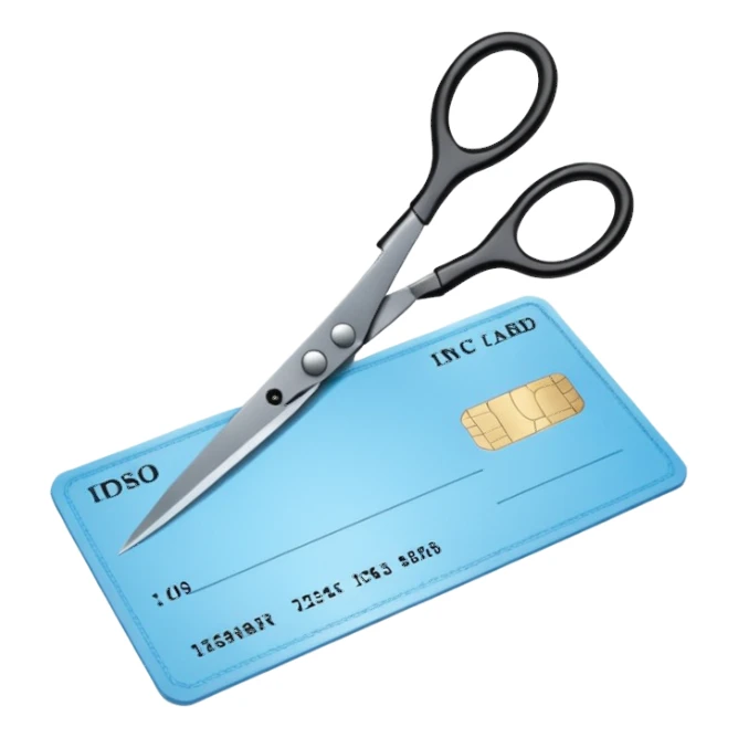 Floating black Scissors cutting a light blue military ID card in 2 parts .hyper realistic sticker