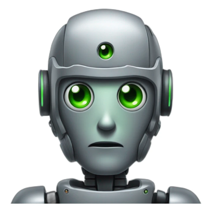 Grey robot with one green eye and one black turned off eye with a indent on top of his head sticker