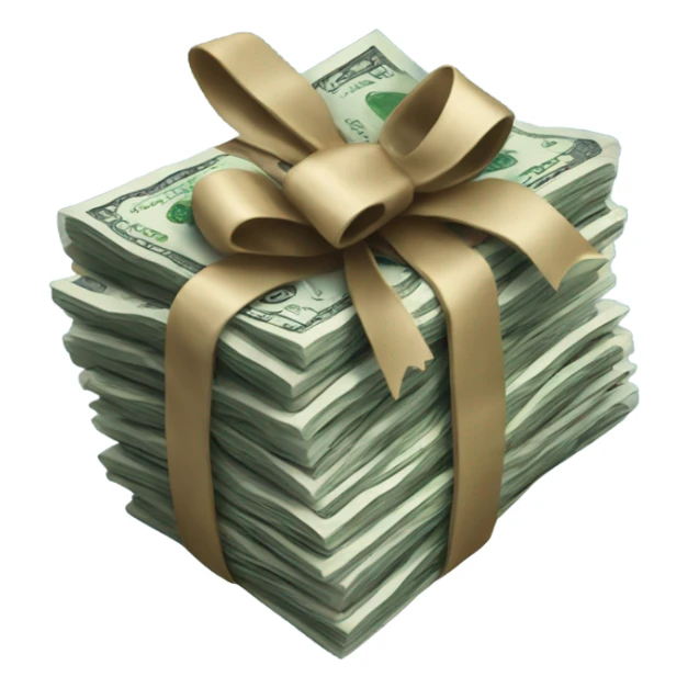 a bundle of money tied with a dark blue bow sticker