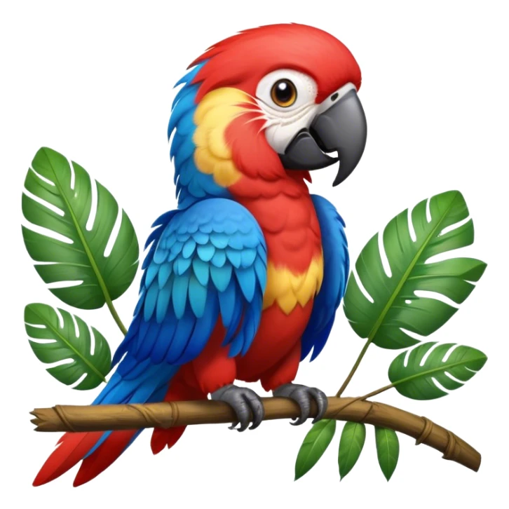 Cinematic Realistic Cute Macaw Portrait Emoji, Head tilted playfully and inquisitively, featuring a compact, lively build with intricately detailed, vivid scarlet and blue feathers and a charming, expressive face with round, sparkling eyes full of tropical wonder, rendered with realistic texture and vibrant natural hues, high shine, affectionate and spirited, styled with a touch of whimsical rainforest charm, soft glowing outline, capturing the essence of a mischievous yet lovable macaw that seems poised to flutter playfully into your arms! sticker