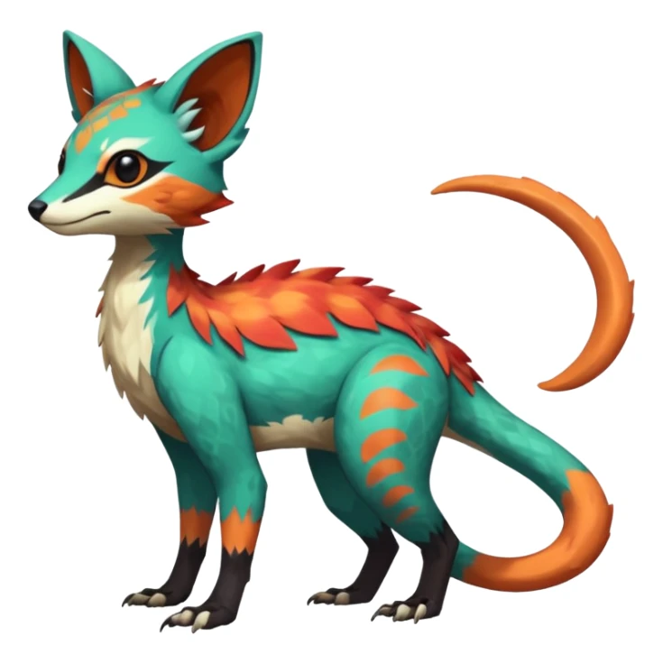 Rare realistic exotic edgy epic pretty beautiful handsome gorgeous aesthetic colorful vibrant Vernid-Trico-species-Fakemon-creature by LiLaiRa, 4 legs, 1 tail, random markings, (full body) sticker