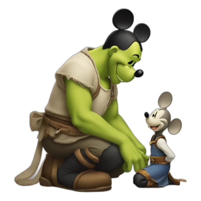 Mickey Mouse kneeling in front of Shrek sticker