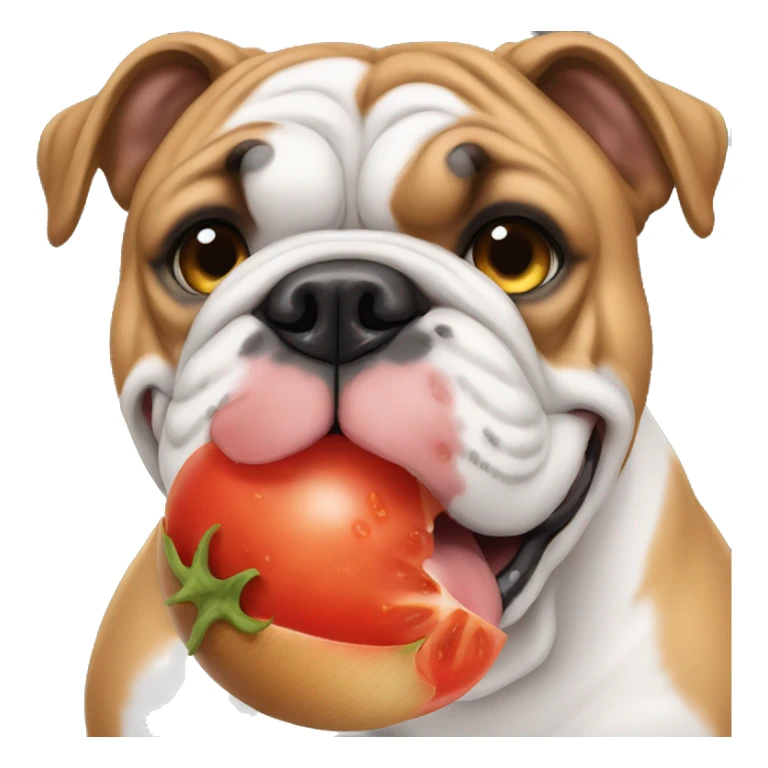 an english bulldog eating a tomato sticker