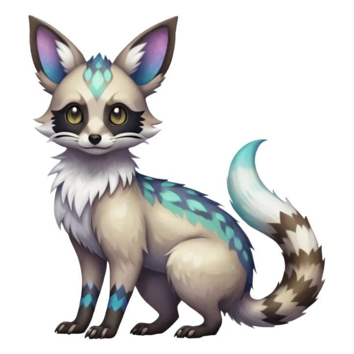 Rare iridescent white exotic epic aesthetic colorful Trico-Eevee-Genet-Civet-species-Fakemon-hybrid-creature, with intricate tattoo markings, full body sticker