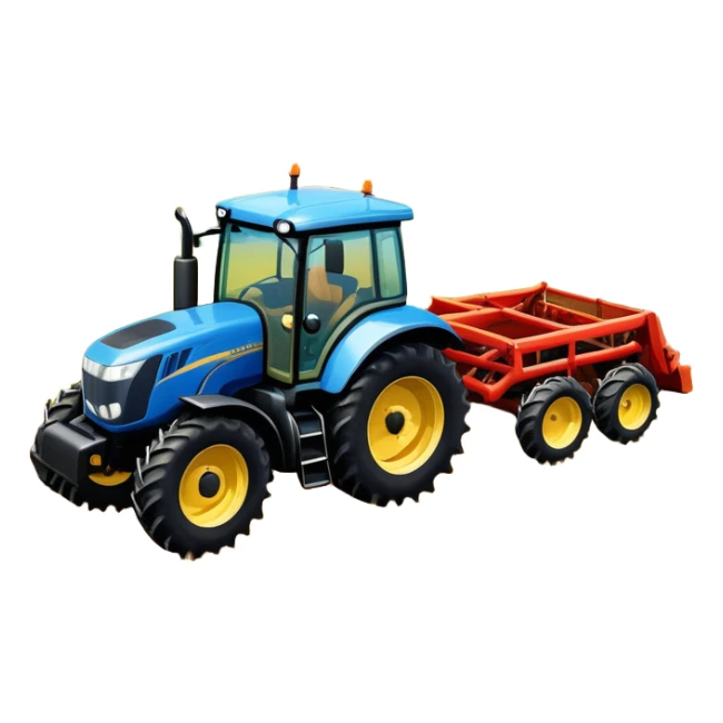 An icon representing a farming simulator, with a detailed tractor plowing fields under a bright sky with rural landscape. The design includes farming tools, crops and barns, symbolizing the immersive experience of managing a farm. Transparent background. sticker