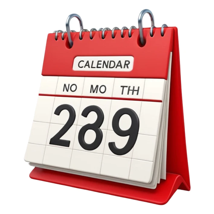 Apple-style 3D emoji icon of a calendar in perspective view, minimalistic design, only one centered date number, no month name, no weekday, no text or symbols other than the single number, realistic glossy material, soft depth, clean and detailed rendering sticker