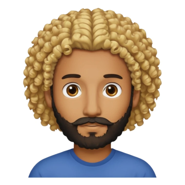 Brown man with curly blonde hair and a black beard sticker