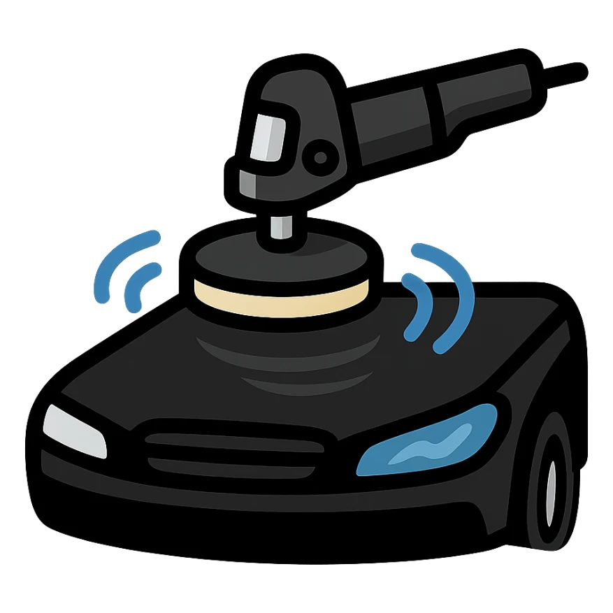polishing machine icon on the surface of a glossy black car hood with reflection, main color black, metallic silver details, soft waves of shine around the polished area, modern and clean style, no text sticker