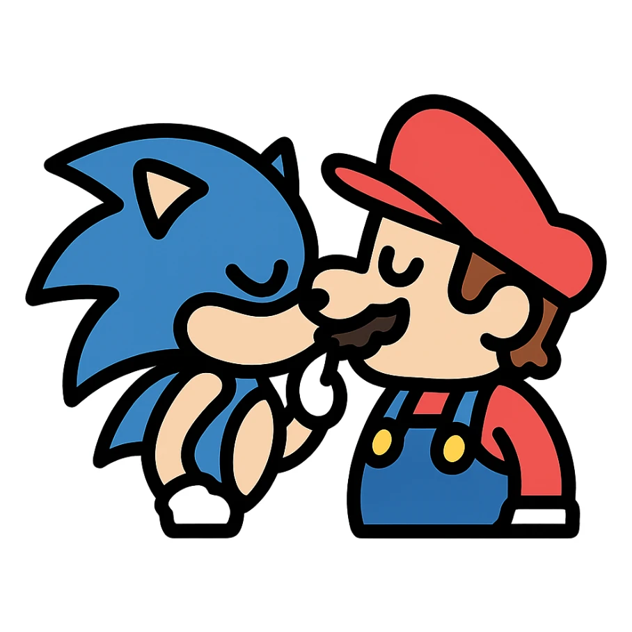 Sonic the Hedgehog kissing Mario, modern icon style, clean lines, simple and bold, suitable for app or website use sticker
