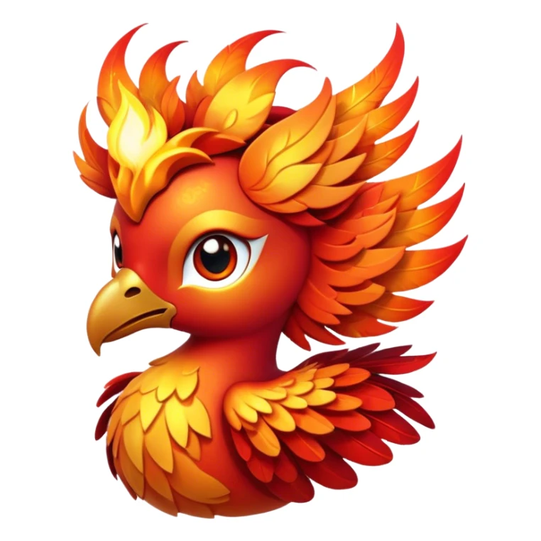 Cinematic Cute Mystical Fire Phoenix Portrait Emoji, Head tilted playfully and inquisitively, showcasing a vibrant, flame-kissed form with intricately detailed feathers in warm shades of red, orange, and shimmering gold, accented by delicate sparks and a gentle, inviting glow; rendered with lifelike detail and soft, radiant light, high shine, enchanting and spirited, styled with a touch of mythic whimsy, soft glowing outline, capturing the essence of a mischievous yet endearing phoenix poised to flutter playfully into your heart! sticker