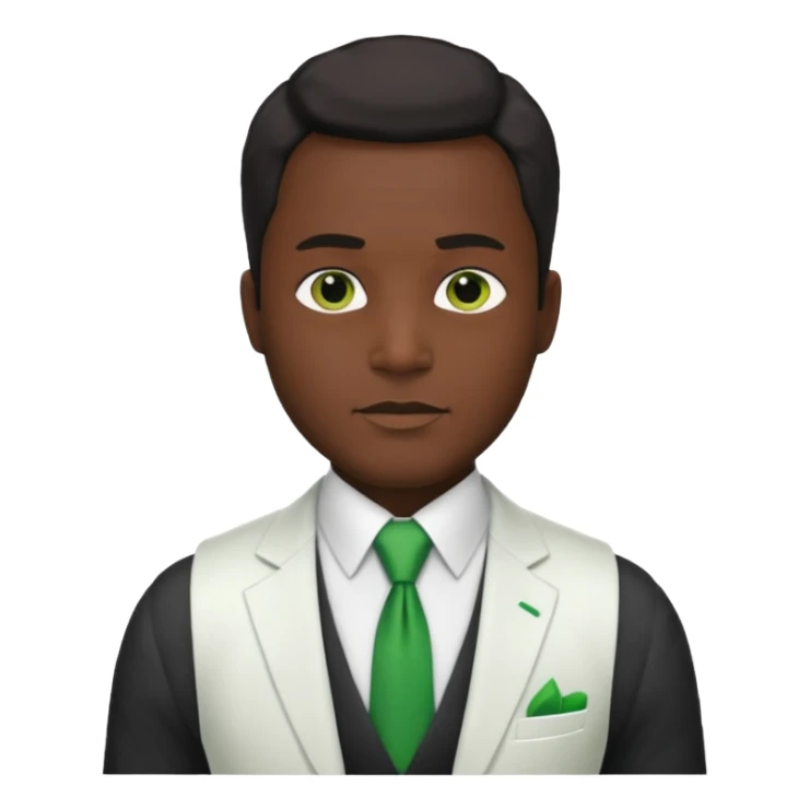 businessman, black skin, white suit vest, green tie sticker