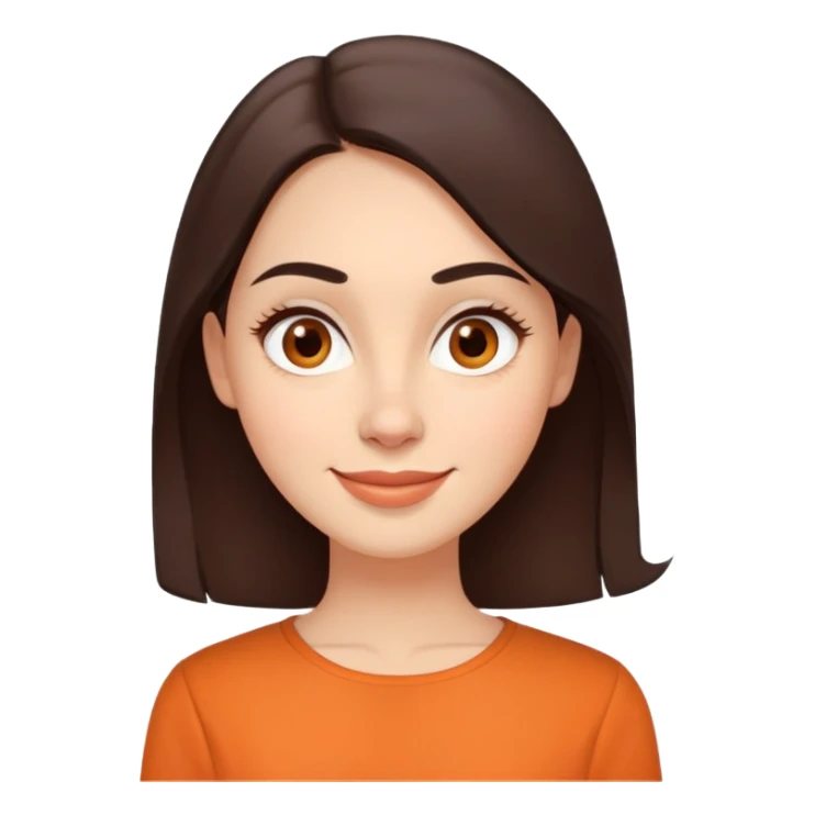 Warm enthusiastic woman with light skin, oval face, soft defined features, large expressive brown eyes, medium arched eyebrows, small nose, medium lips with relaxed smile, long dark brown hair, wearing an orange blouse sticker