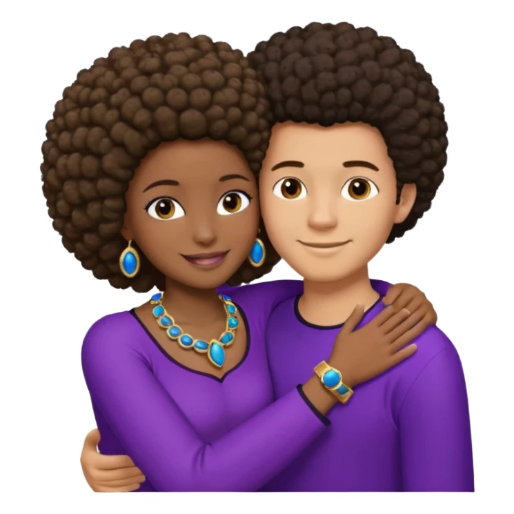 Tan male with short straight, light,brown hair, smiling and hugging a darkblack African girl with Afro in purple clothes with blue jewelry sticker