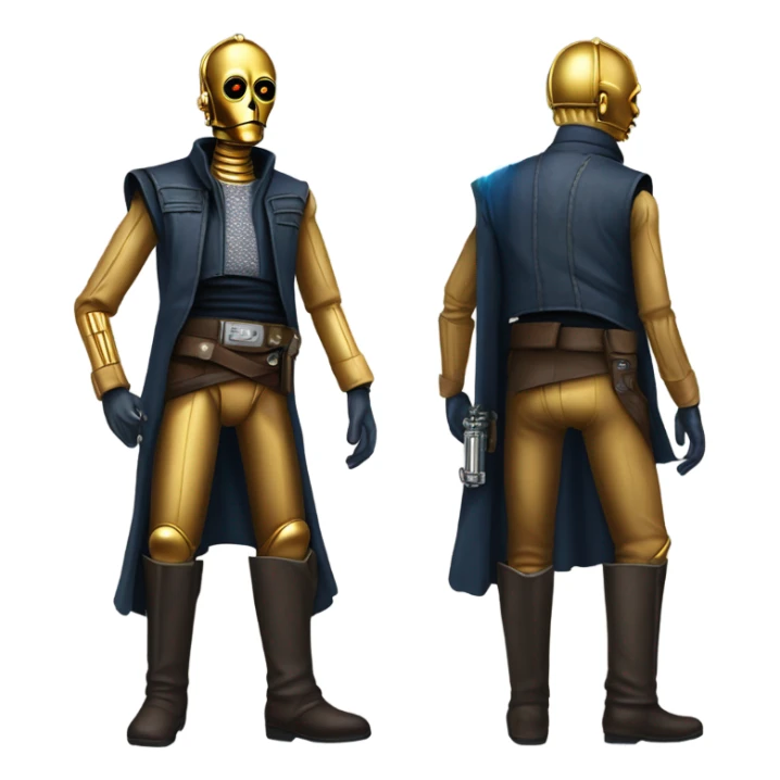 bounty hunter tarnished undercover tough well-equipped Jedi  life-sized darkblue-pearl C3po leather vest clothing pants and vest old west duster coat holding light saber sheriff sticker