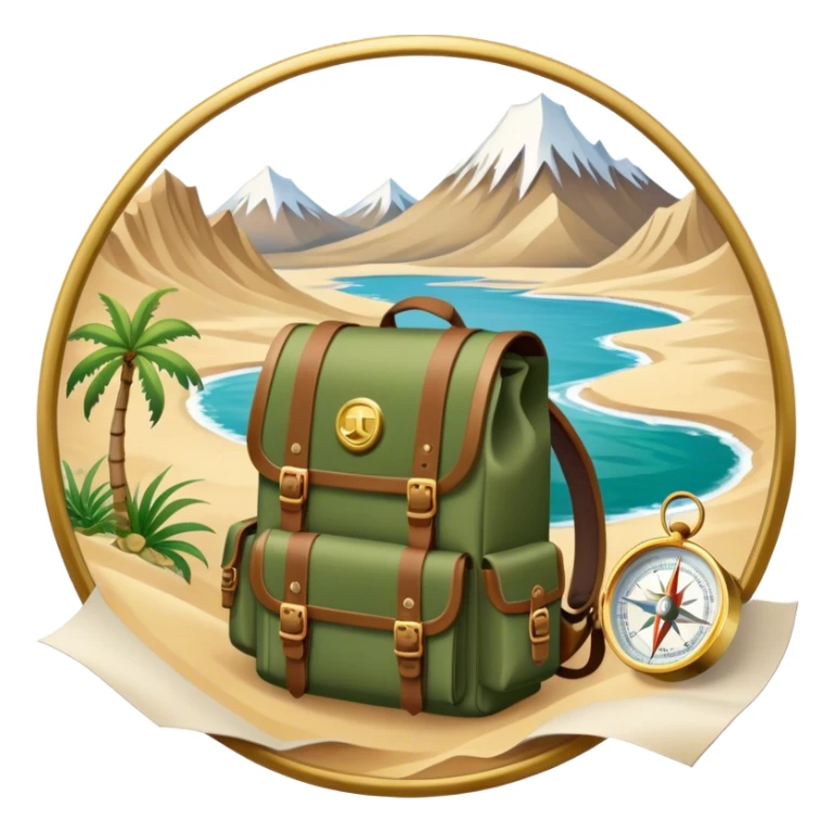 Icon for Expeditions: a compass, a map, a backpack and a rugged expedition jeep, set against a backdrop of snowy mountains, sand dunes and tropical islands. The icon should capture the spirit of adventure and exploration in diverse landscapes. Transparent background. sticker