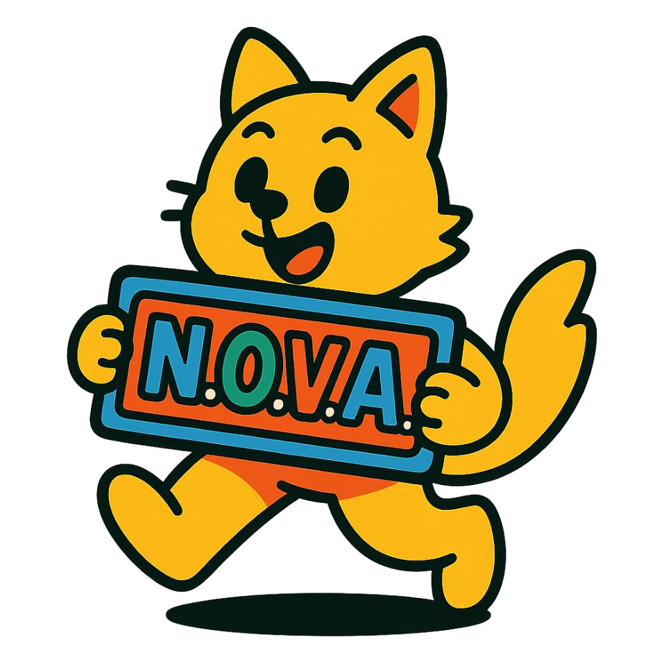 cute little yellow-skinned animal holding the text 'N.O.V.A.' in a playful pose, vibrant style sticker