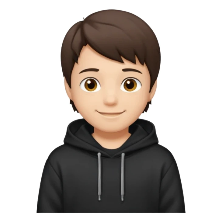 A brunette boy, short straight hair, light brown eyes, with a black sweatshirt with a hoodie, and smile  sticker