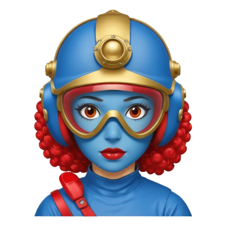 blue curly haired girl with huge earrings, wearing red paintball helmet and eye protection, only face  sticker