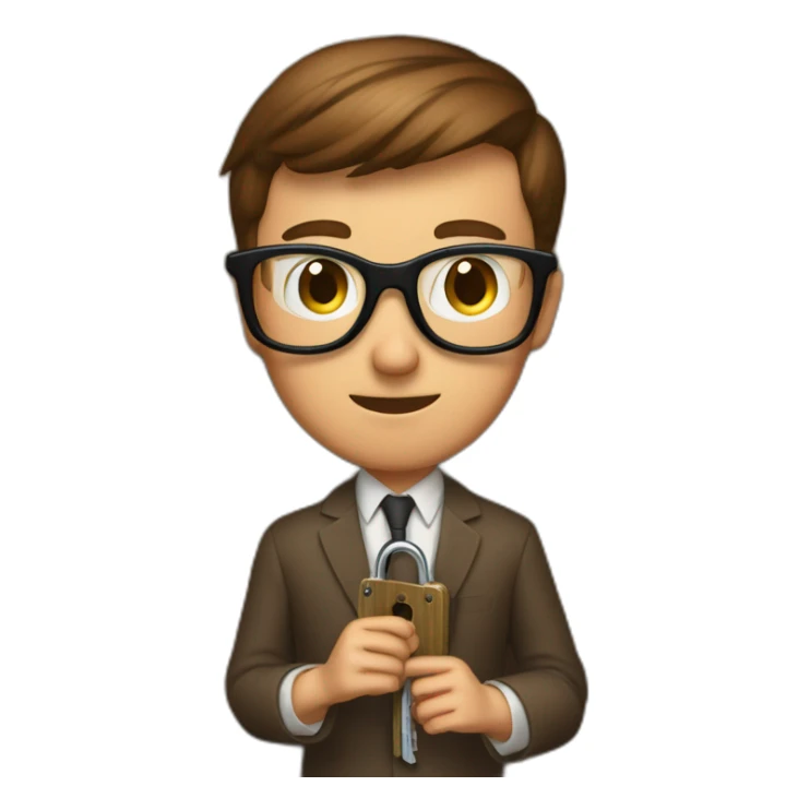 brown-short-haired classy man wearing glasses, struggling to fit a key into a wooden door-lock sticker