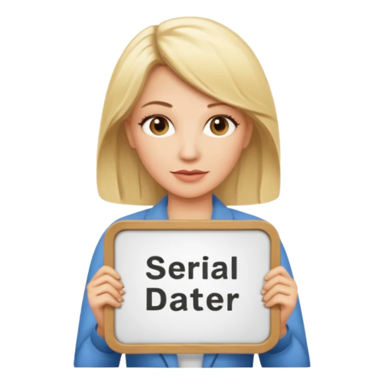 blonde middle aged woman with sign that says “Serial Dater” sticker