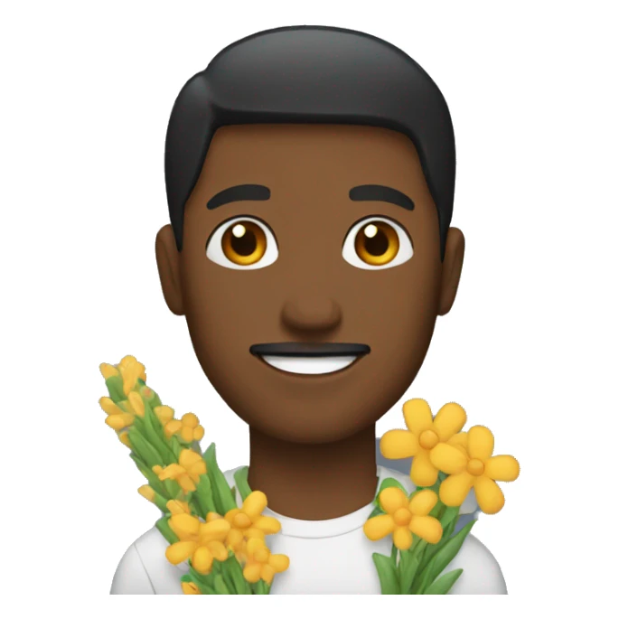 man with brown eyes holding flowers and a bag sticker