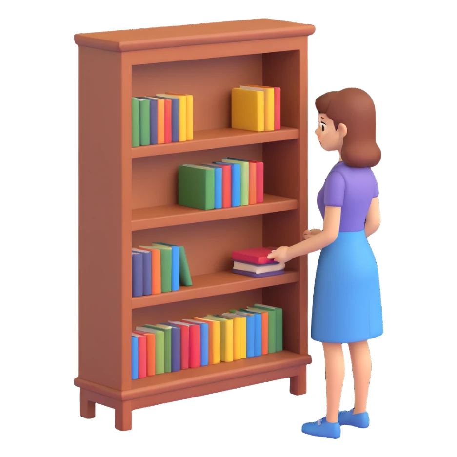 a sad woman looking at a small bookcase sticker