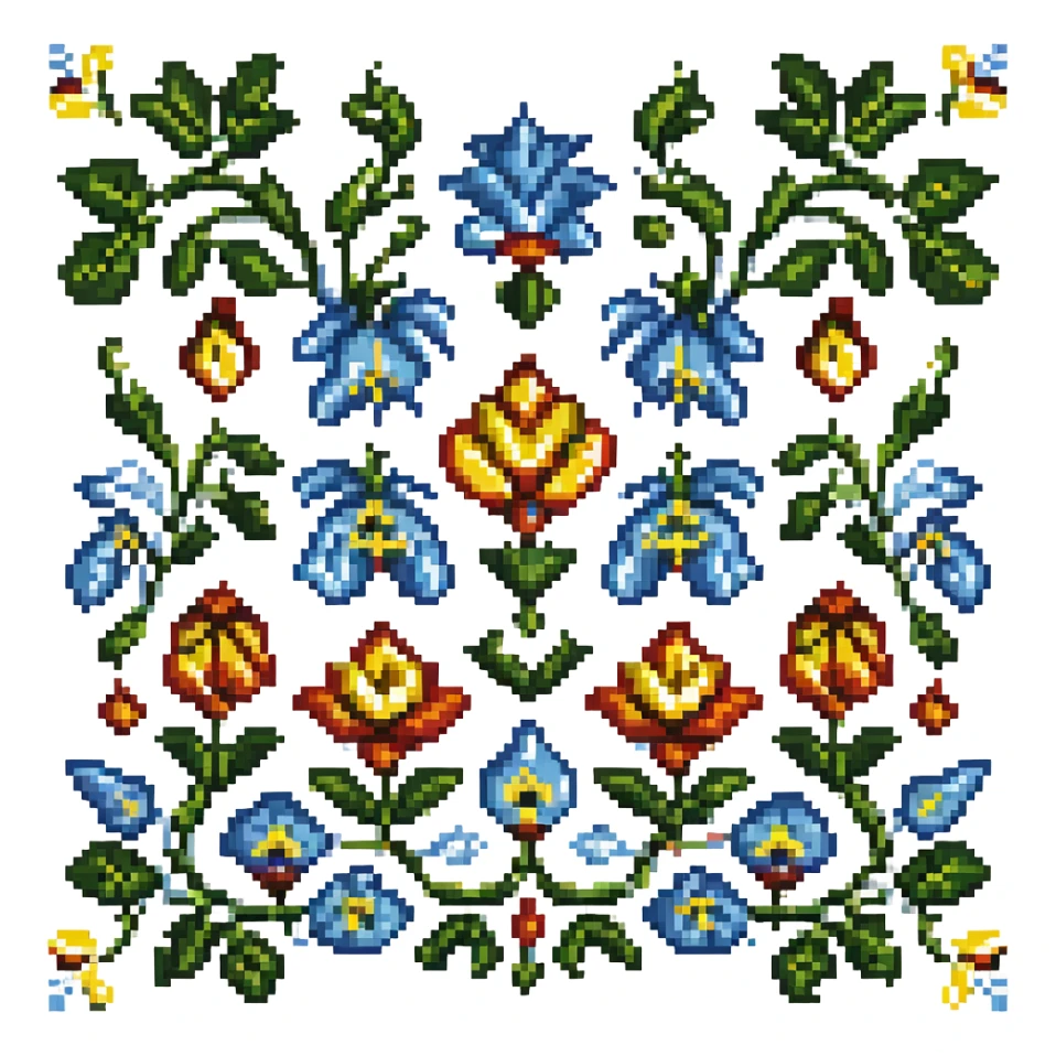 Traditional Ukrainian embroidery pattern, pixel art style, detailed and intricate sticker