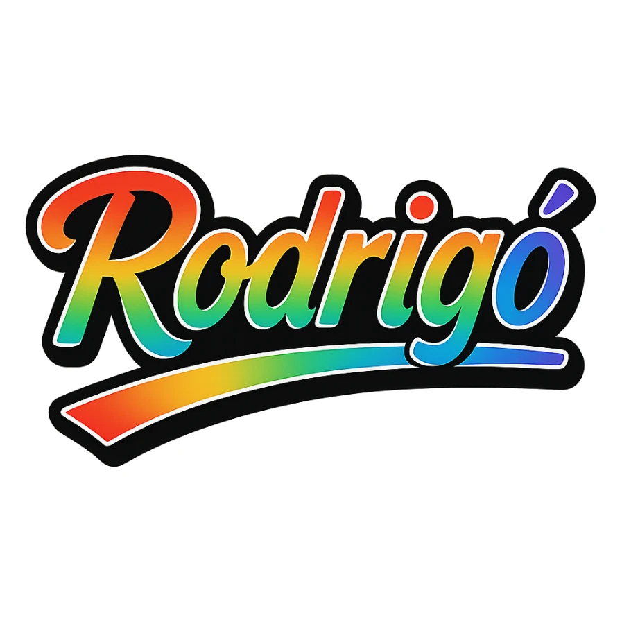 The name 'Rodrigó' in a modern font with smooth gradient coloring, precise Hungarian characters, dark outline, extra thick and prominent white letter border, dynamic slanted underline, rainbow gradient color scheme, 1000x1000 px, PNG, transparent background. sticker