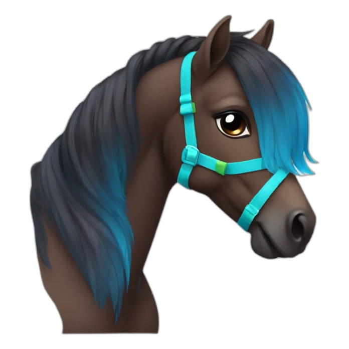Petite dark-brown pony with vibrant multicolored bows, blue halter, calm sticker