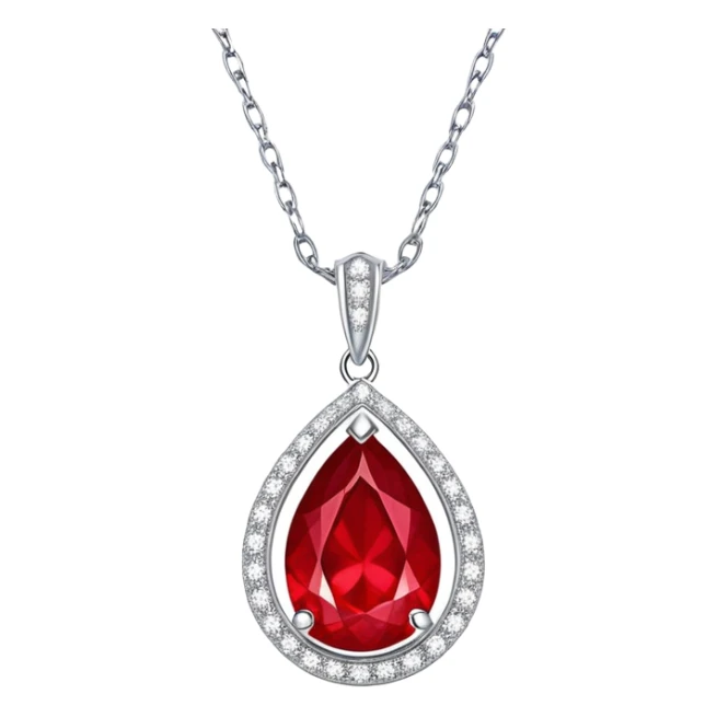 teardrop ruby pendant with a silver chain and shimmering white stones, glowing fiery red sticker