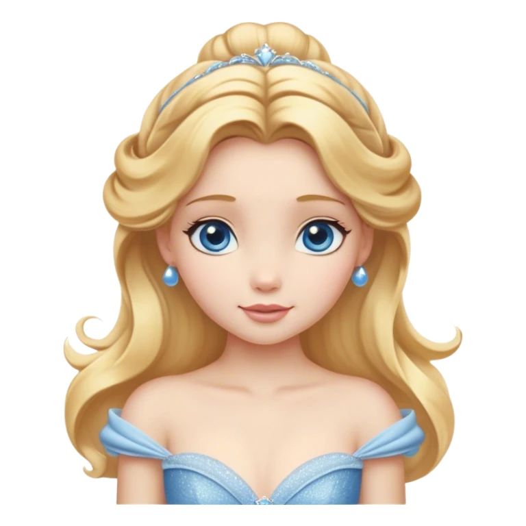 Cinematic Realistic Cute Cinderella Portrait, featuring fair, luminous skin with finely detailed texture and softly lit golden-blonde hair cascading in gentle waves. Her warm, inviting blue eyes sparkle with youthful charm and curiosity, while her classic, elegantly draped ball gown reveals meticulously rendered fabric details and natural folds. The overall composition is bathed in a gentle, realistic radiance that exudes both playfulness and heartfelt beauty. sticker