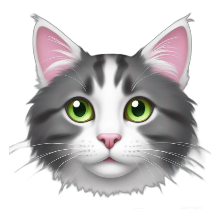 fluffy dark grey cat, pink nose, light green eyes, white long whiskers, white spots near the nose, white breast, the cat's fur is soft. sticker