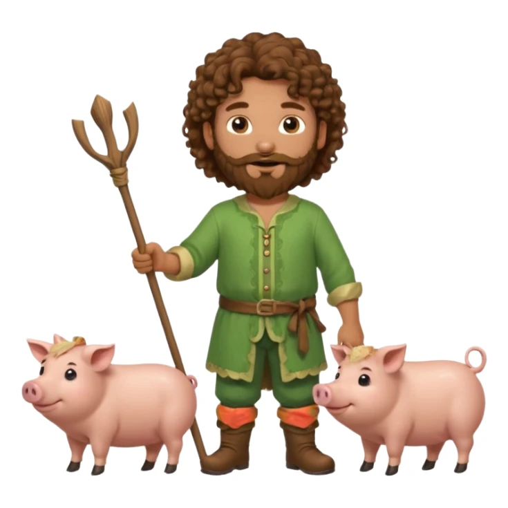 happy young shepard with long curly brown beard and long curly brown hair, in green magical outfit, with wooden shepard stick in hands, taking care of pigs sticker
