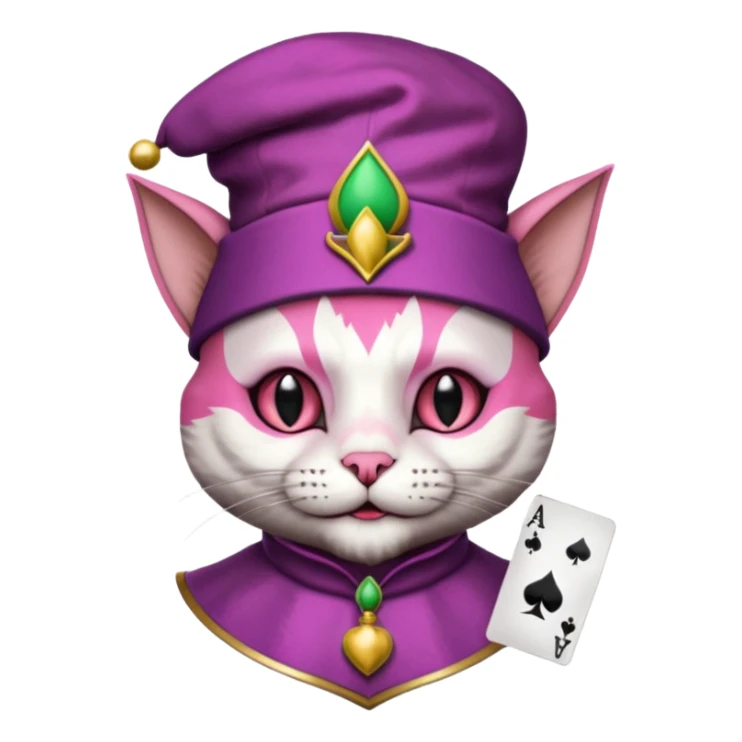 court jester cat medieval, single poker card joker clearly visible, pink, face only, round badge, court jester cap sticker