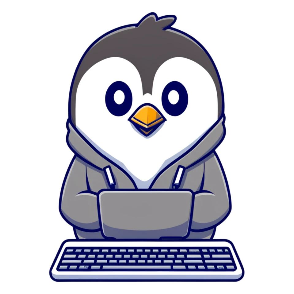 A cool penguin wearing a hoodie with sunglasses perched on head, typing with one flipper on a sleek keyboard sticker