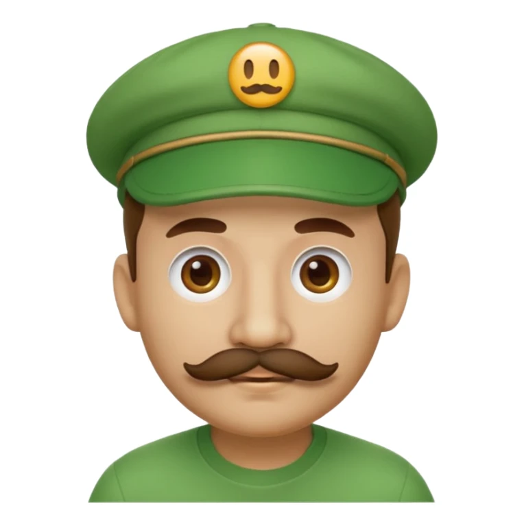 round emoji face with brown mustache and green cap with white circle emblem, 3D emoji style, 1:1
 sticker
