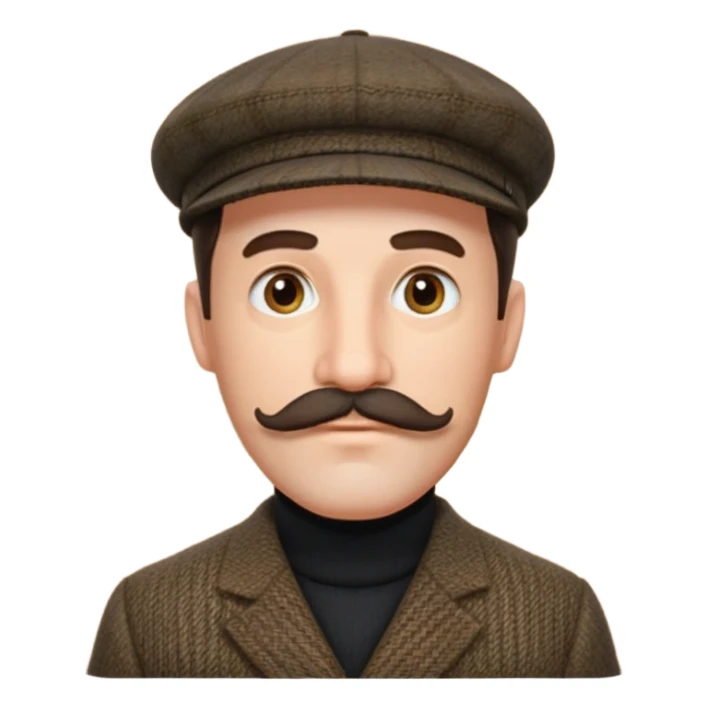 Big mustache sideburns sport coat black turtleneck tweed flat cap squinty eyes sticker
