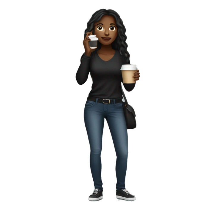 Black female with long hair talking on cellphone and holding a coffee wearing black shirt and jeans full length  sticker