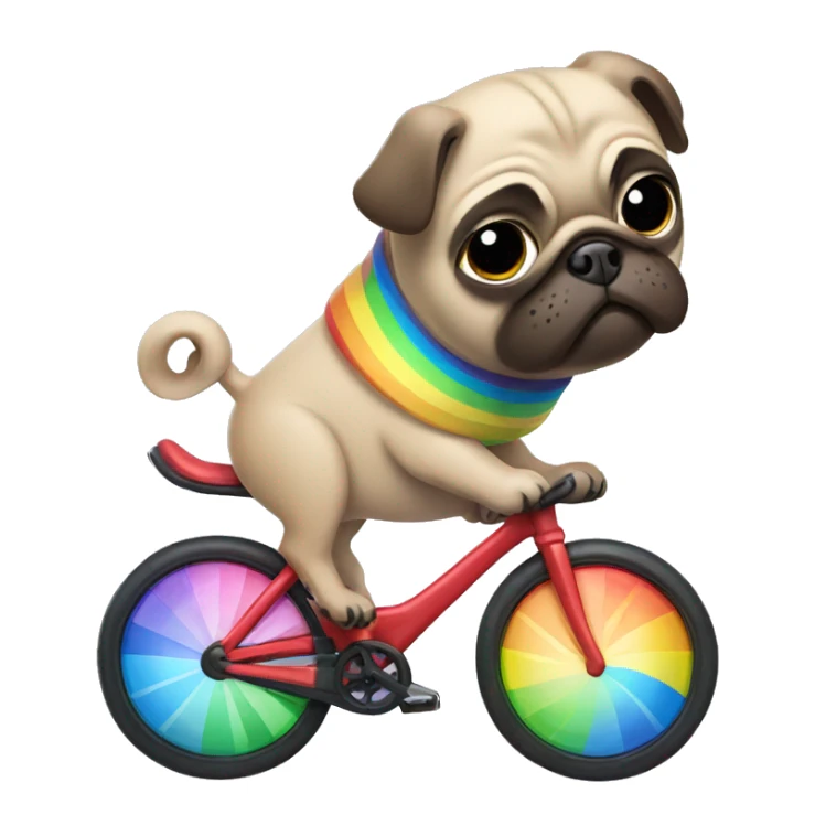 Pug riding a bike with a rainbow  sticker