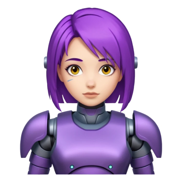 A woman with purple hair and a robot armor sticker