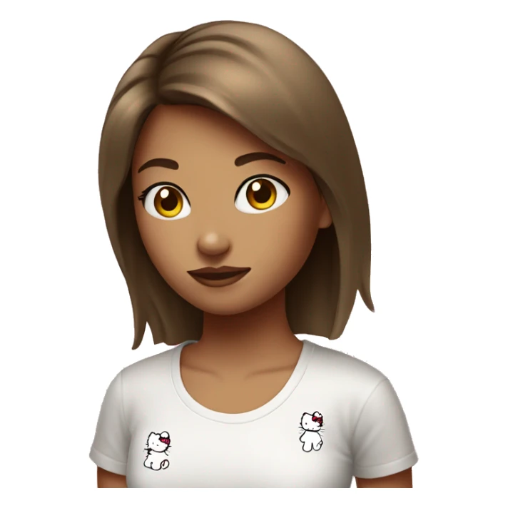 Girl with short straight brown hair wearing white hellokitty tshirt sticker